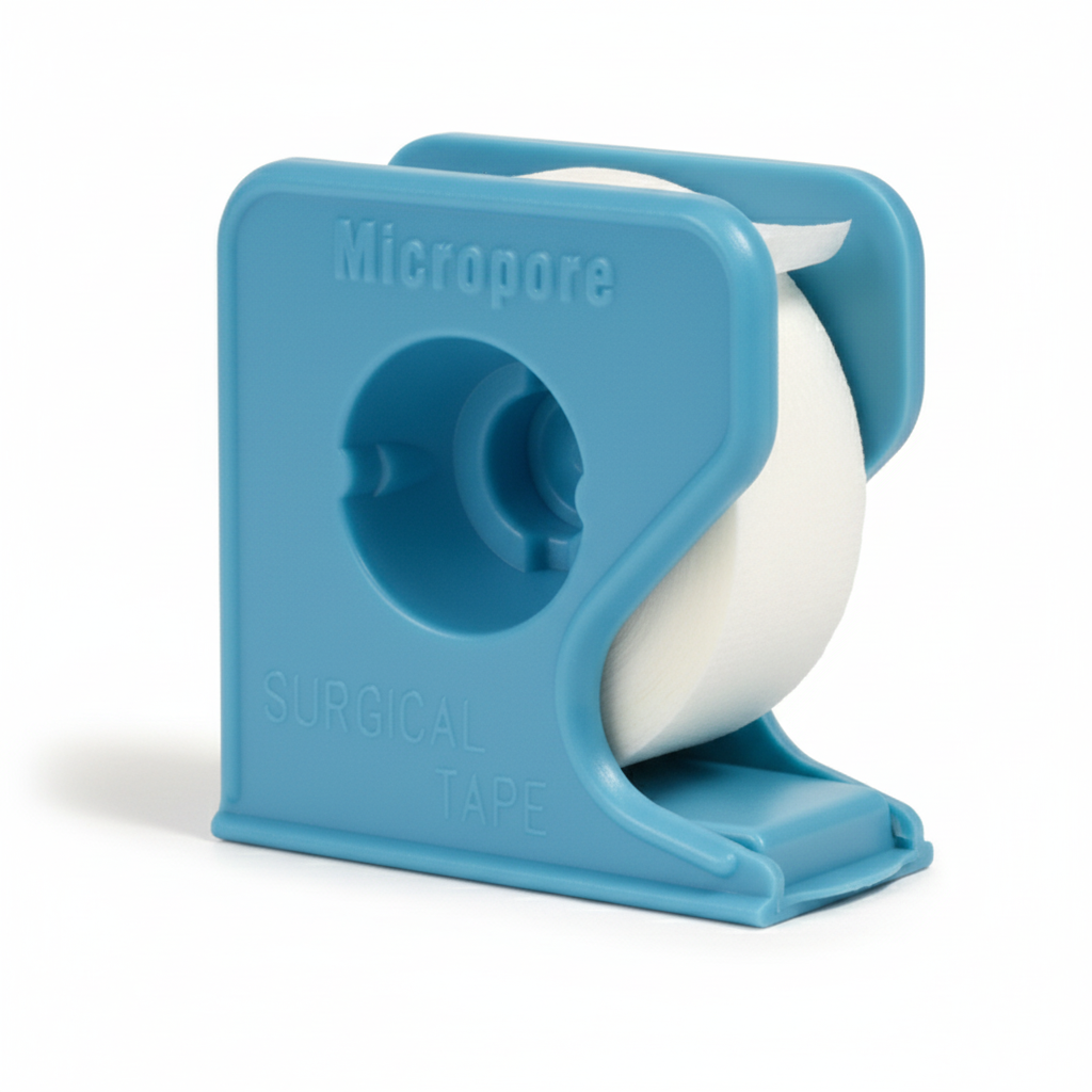 Hypoallergenic Surgical Tape in a blue dispenser, gentle adhesive tape ideal for sensitive skin and first aid supplies