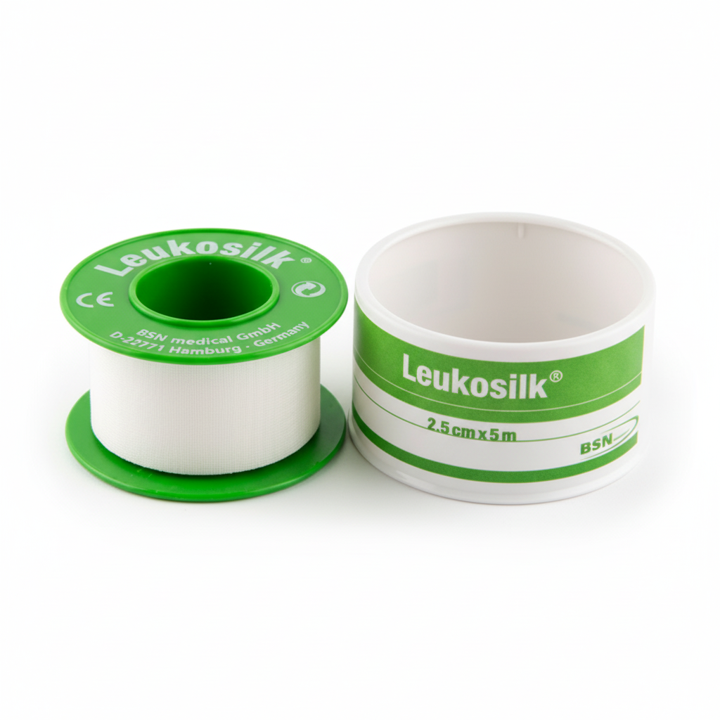 Leukosilk (Hypoallergenic) Tape roll and container with breathable, strong adhesive medical tape for first aid supplies.