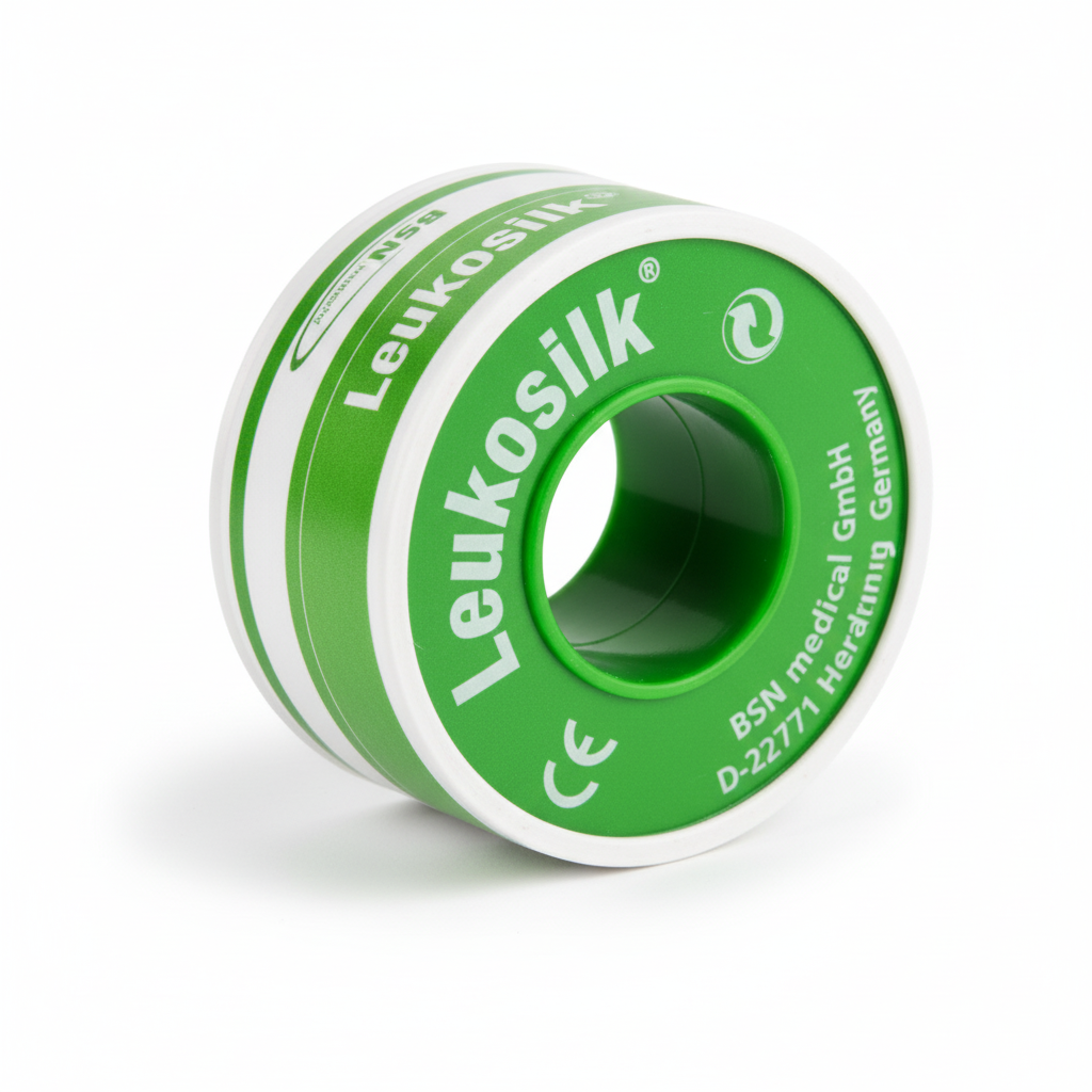 Leukosilk (Hypoallergenic) Tape roll with green label, durable and breathable medical tape for first aid supplies