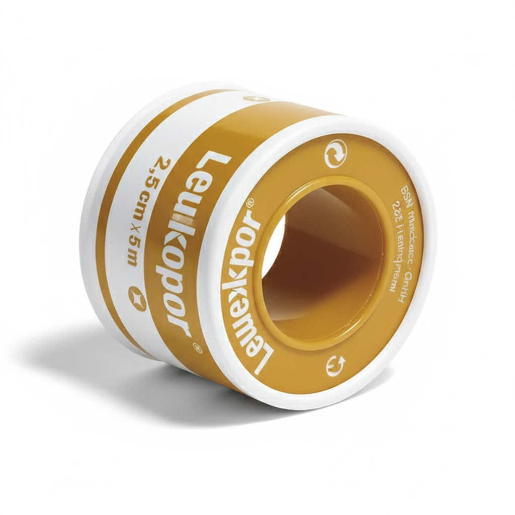 Leukopor Surgical Tape roll showing pliable, breathable medical tape designed for sensitive skin and first aid supplies use.