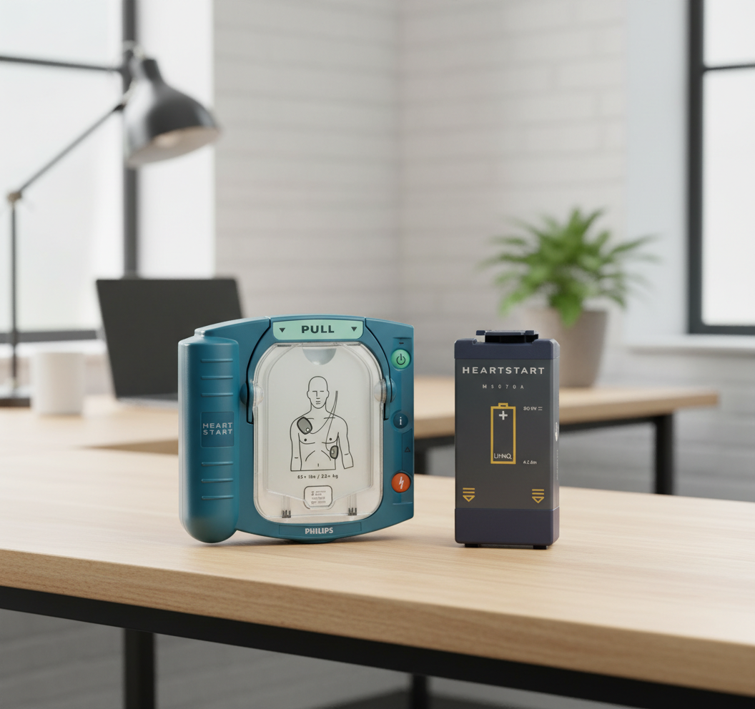 Philips HS1 & FRX Defibrillator Battery - Single next to a Philips HeartStart AED on a wooden desk in an office setting