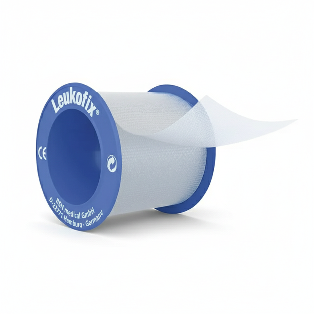Leukofix Tape roll showing transparent medical tape designed for sensitive skin and secure dressing application