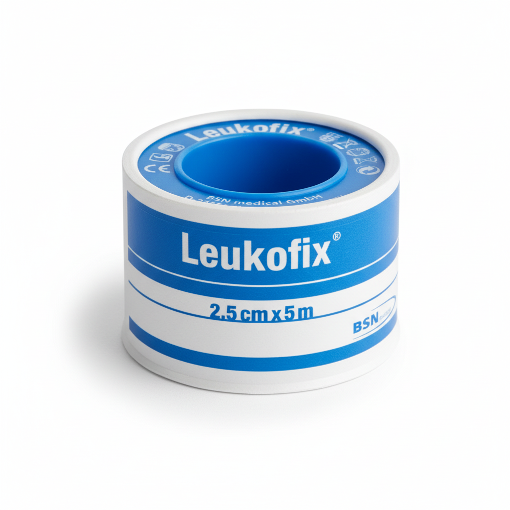 Leukofix Tape roll with blue and white label, transparent medical tape for securing catheters and dressings in first aid supplies