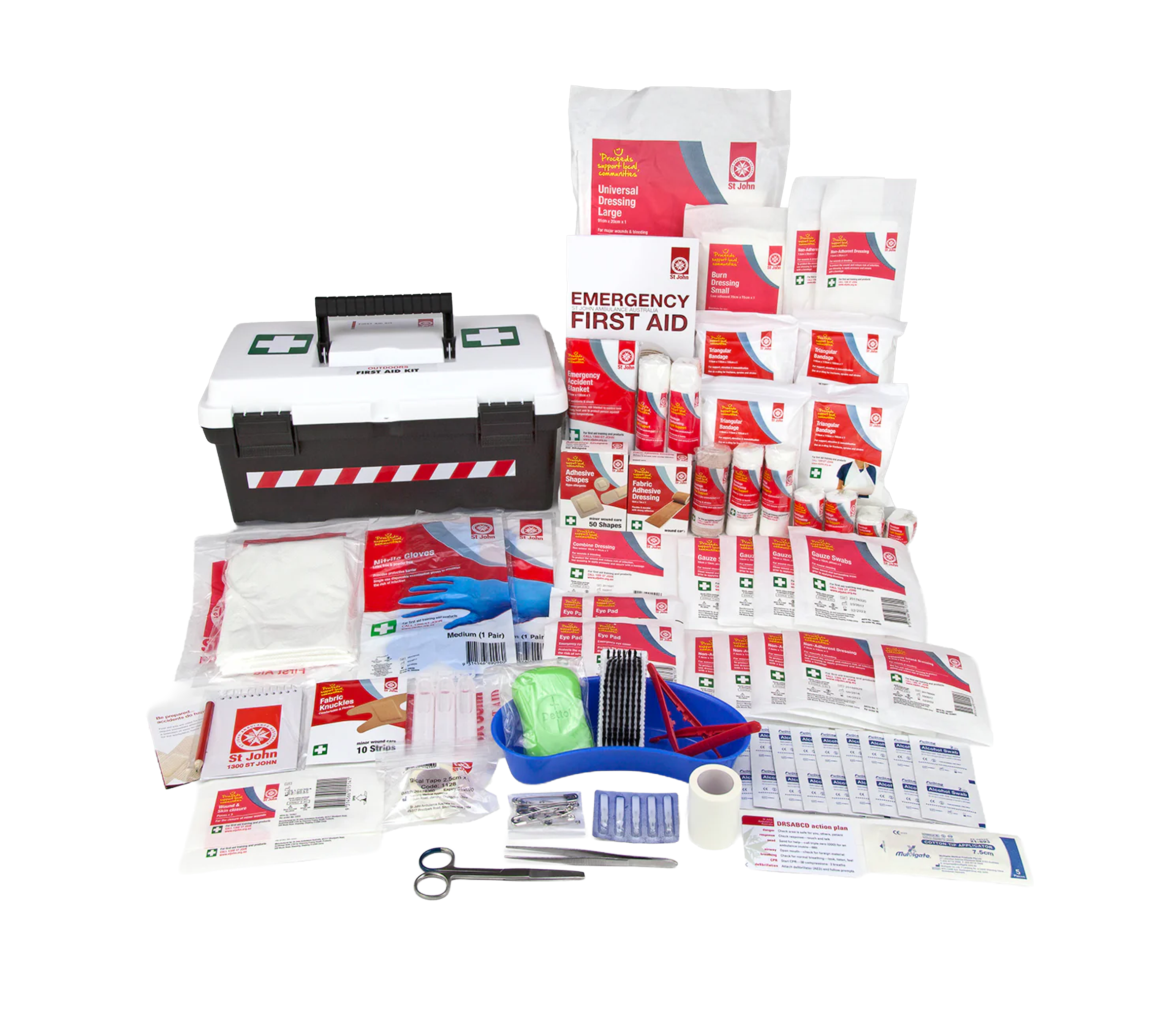 Portable First Aid Kit (for Outdoors) with organized first aid supplies in a durable plastic container for camping and outdoor use