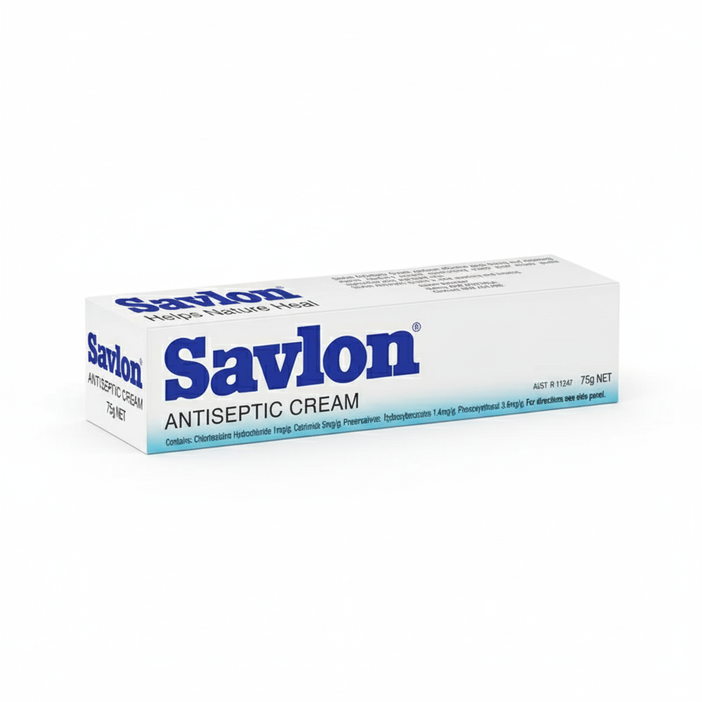 Savlon Antiseptic Cream box highlighting antiseptic and healing properties for first aid and skin care use