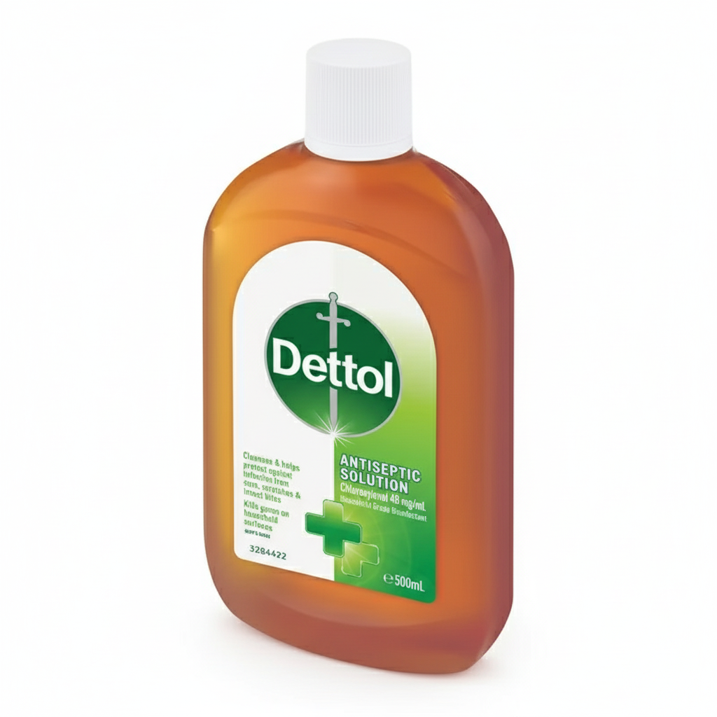 Dettol Antiseptic Liquid bottle, household disinfectant and skin antiseptic for first aid and germ protection.