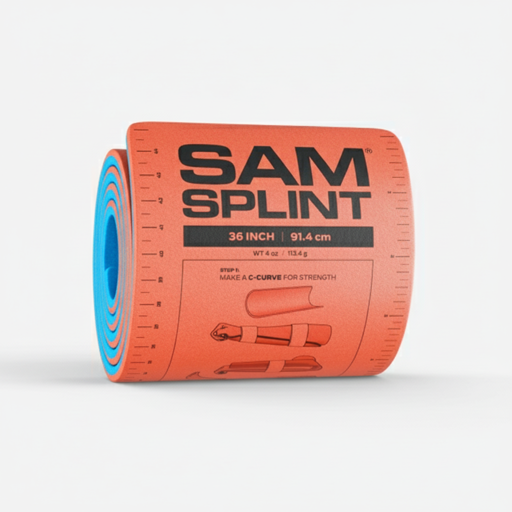 Sam Splint (Original) flexible bandage rolled up with measurement markings for first aid and emergency use.