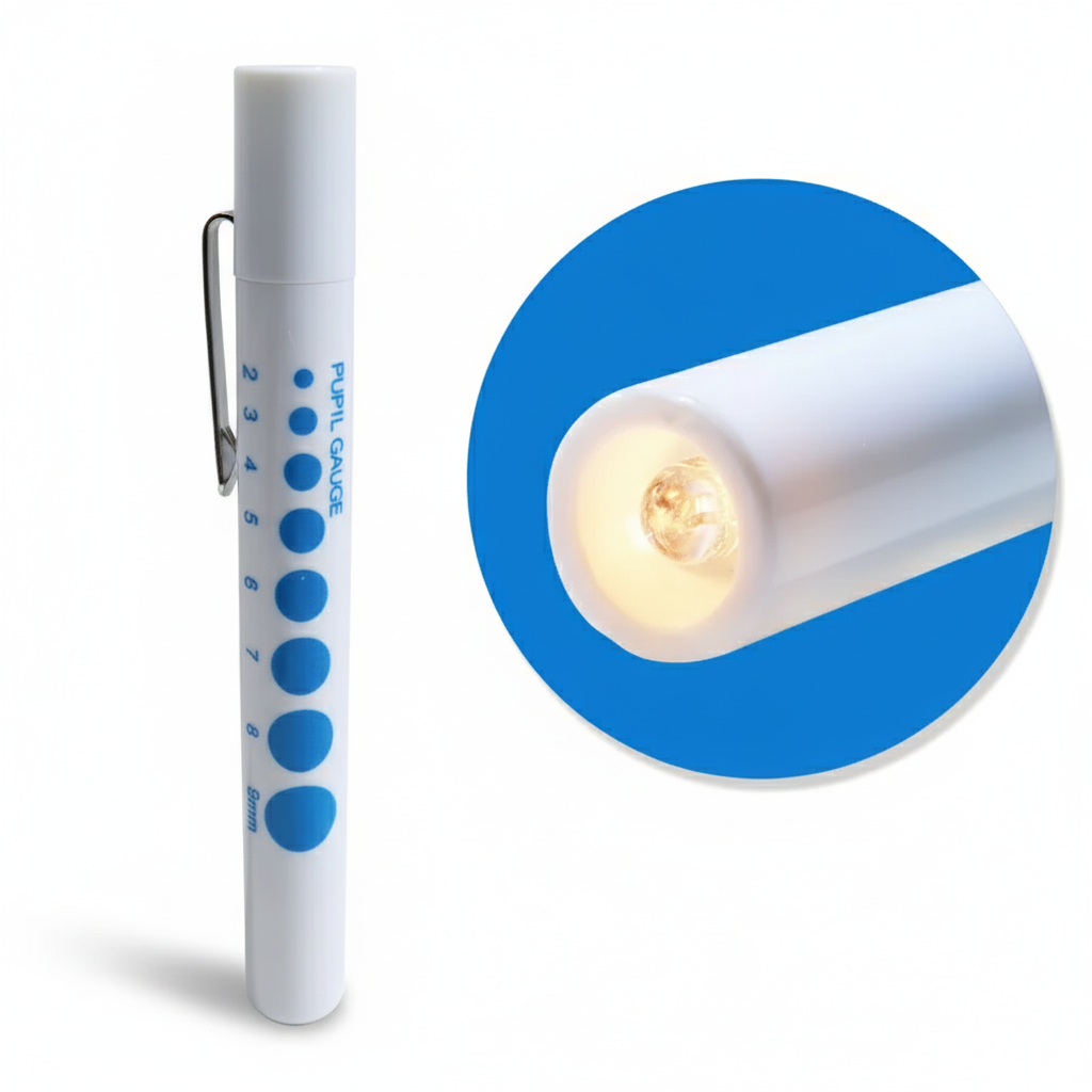 Pupil Diagnostic Penlight Torch (With Gauge) - Single showing penlight with pupil size guide and lit LED, ideal for first aid kits