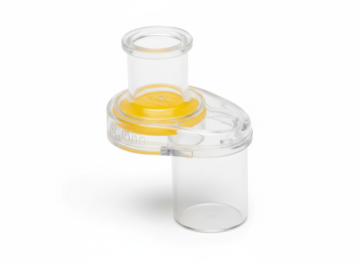 One-Way Valve replacement part for Laerdal pocket mask, clear plastic with yellow internal component for clinical use.