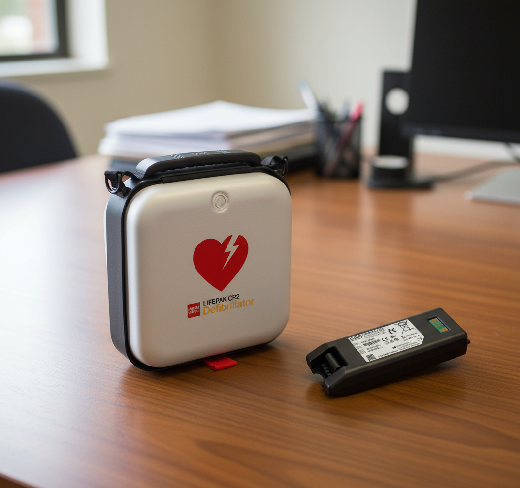 Lifepak CR2 (Lithium) Battery - Single shown next to a portable defibrillator case on a wooden office desk surface