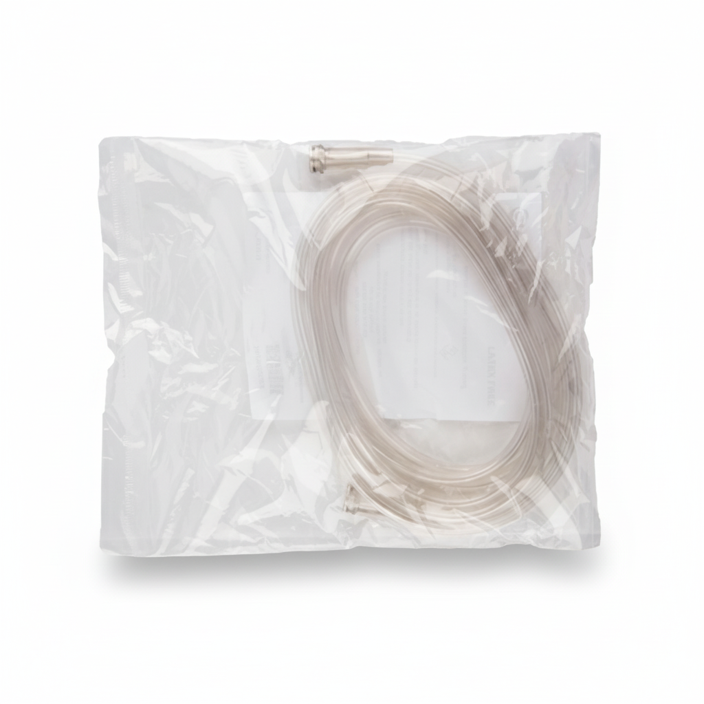 Oxygen Therapy Tubing For Mask (3 meters) coiled inside clear sealed plastic packaging for medical oxygen use