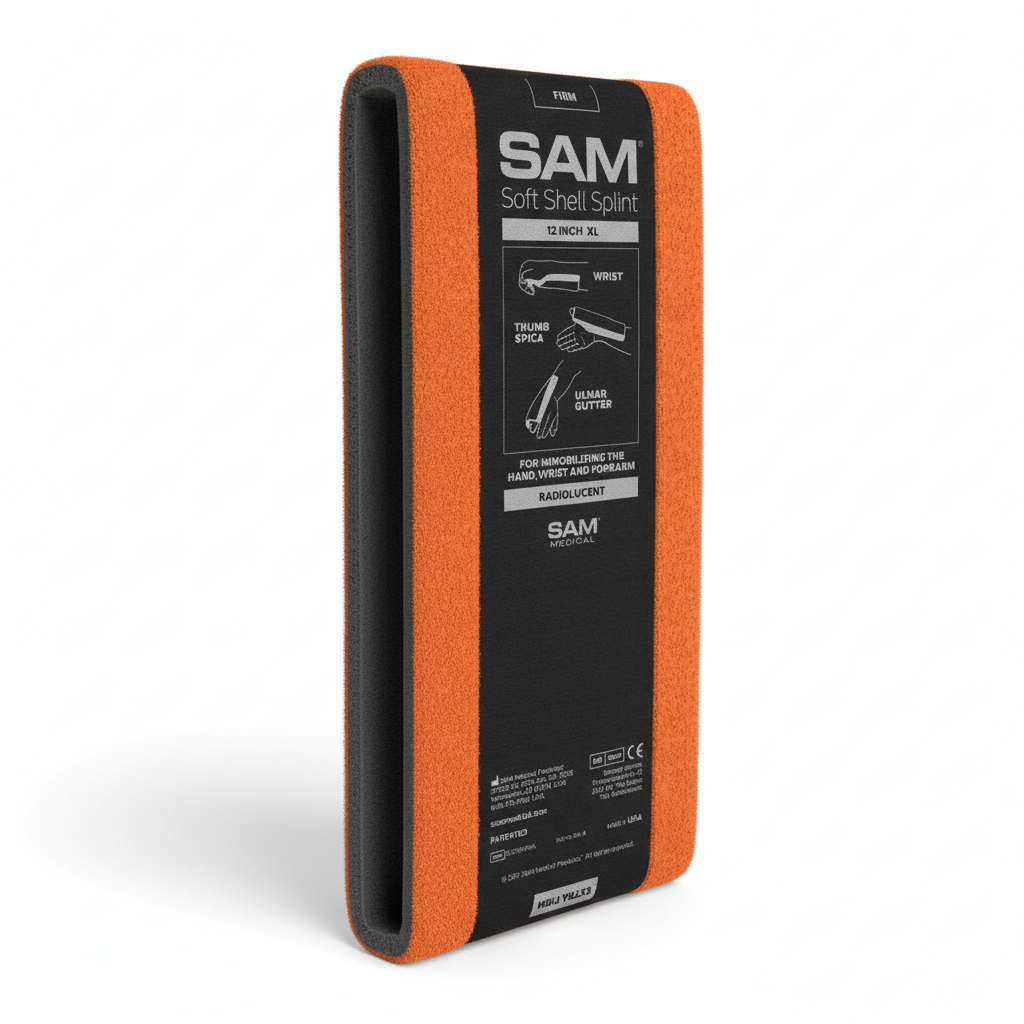 Sam Splint (Soft) with soft shell and strong aluminium core designed for comfortable, extended wear on hand, wrist, and forearm.