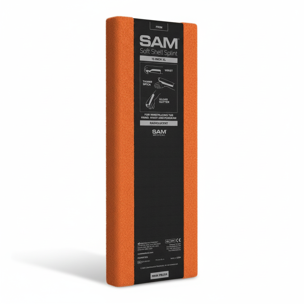 Sam Splint (Soft) in orange and black packaging designed for extended wear with a malleable aluminium core for hand and wrist support
