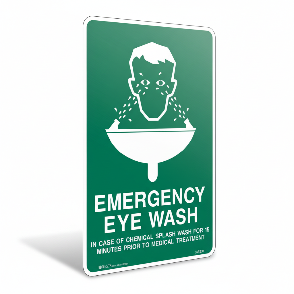 Emergency Eyewash (Poly) Sign showing eye wash station instructions for chemical splash emergency response safety