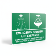 Emergency Shower and Eyewash (Poly) Sign showing symbols for emergency shower and eye wash station instructions.