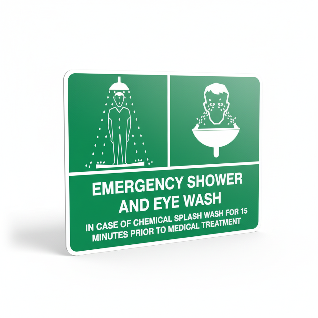 Emergency Shower and Eyewash (Poly) Sign showing symbols for emergency shower and eye wash station instructions.