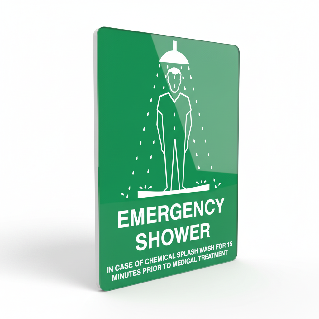 Emergency Shower (Poly) Sign showing safety instructions for chemical splash wash before medical treatment