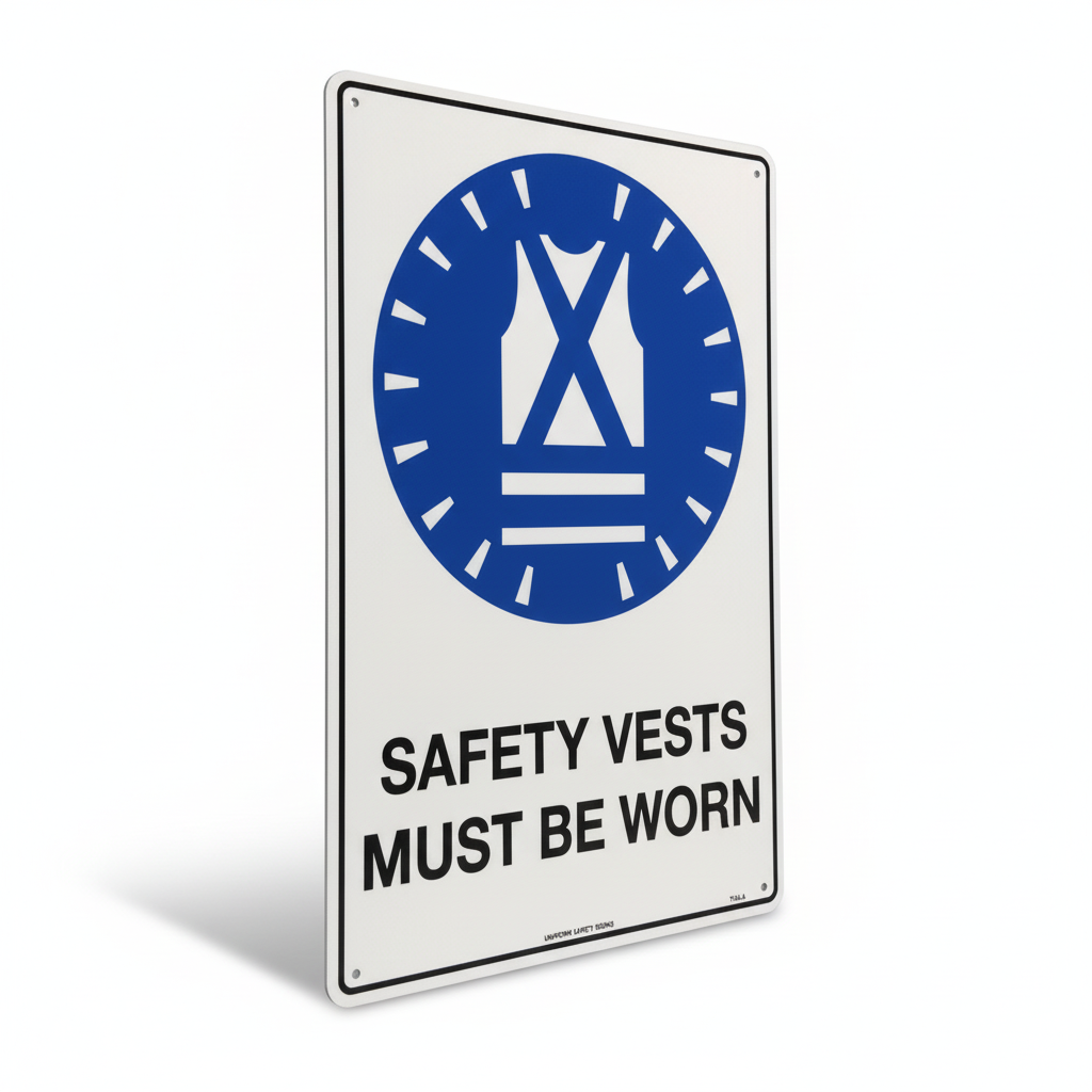 Safety Vests Must Be Worn Sign with high visibility vest icon for workplace safety compliance and PPE reminder
