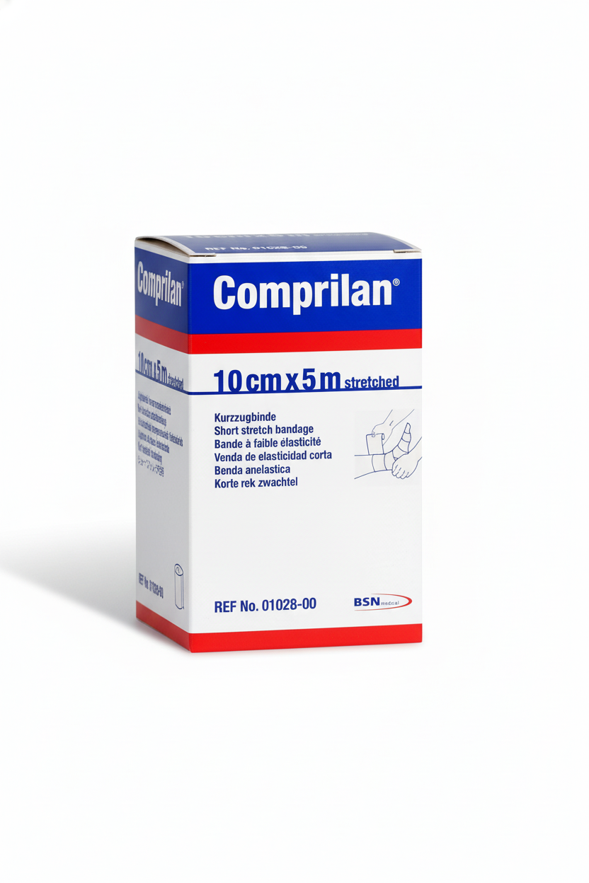 Box packaging of Comprilan Compression Bandage showing product details and size 10cm x 5m for medical use