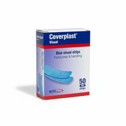 Coverplast Dressing box showing 50 blue strips for food prep and handling with strong adhesive for secure wound care.