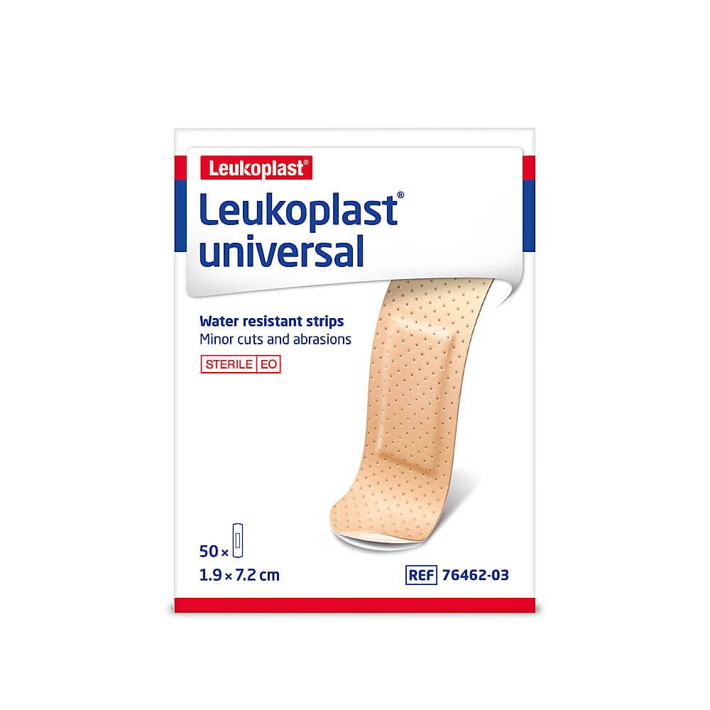Leukoplast Universal Strips package showing water resistant first aid strips for minor cuts and abrasions, 50 count.