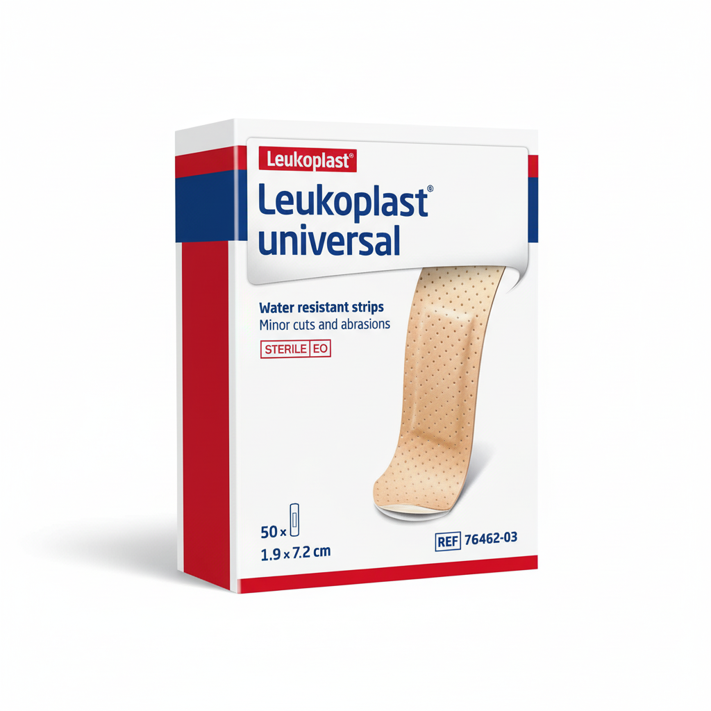 Leukoplast Universal Strips box showing water resistant dressings for minor cuts and abrasions in first aid supplies.