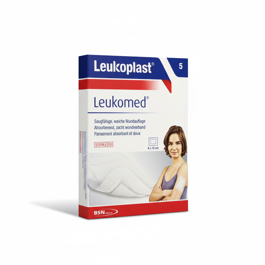 Leukomed Dressing box showing non-woven absorbent wound dressing for surgical or traumatic wound care.