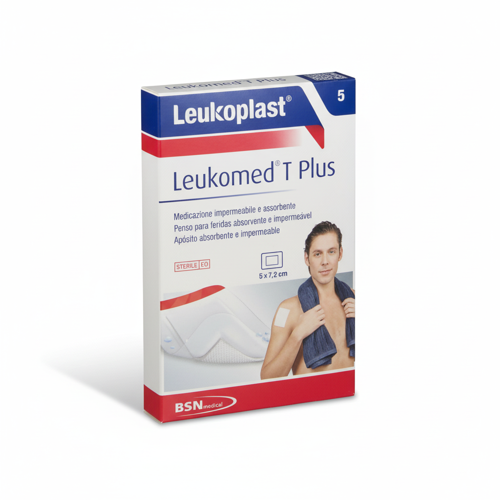 Leukomed T Plus Dressing box showing a man with a dressing on his shoulder, highlighting waterproof wound protection.