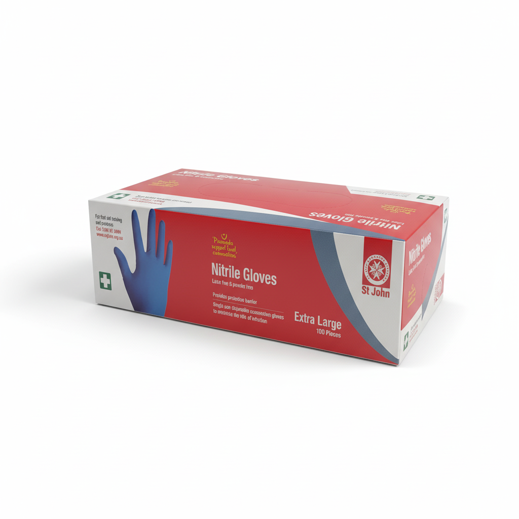 Box of St John WA Nitrile Gloves in extra large size for first aid supplies with powder-free, latex-free protection