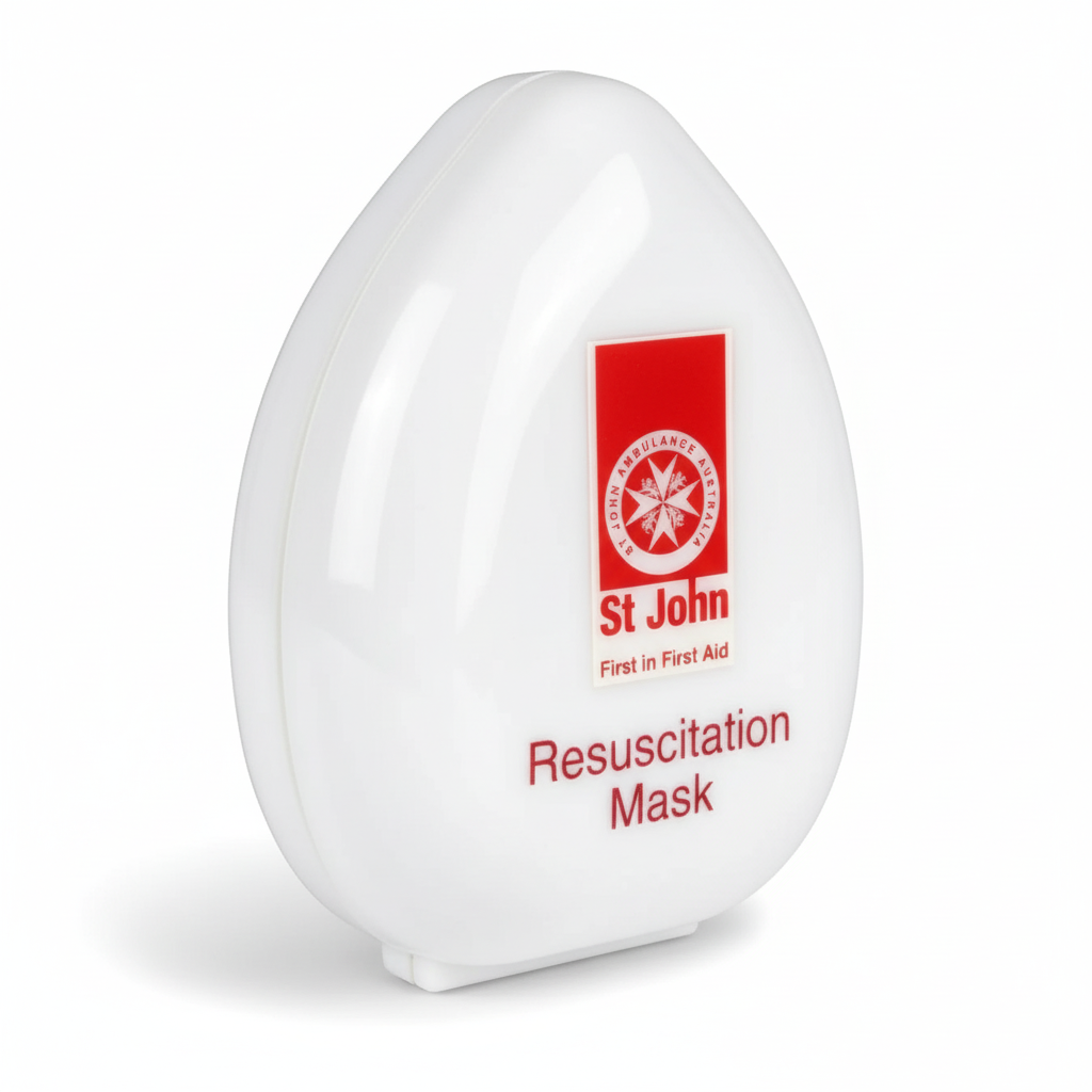 Resuscitation Pocket Mask (Reusable) - Single in white case with St John WA logo, essential PPE for first aid supplies and rescue breathing protection