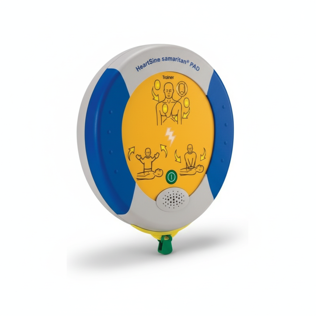 HeartSine Defib 360p (Training Unit) in white and blue with yellow instructional pad for first aid training simulation
