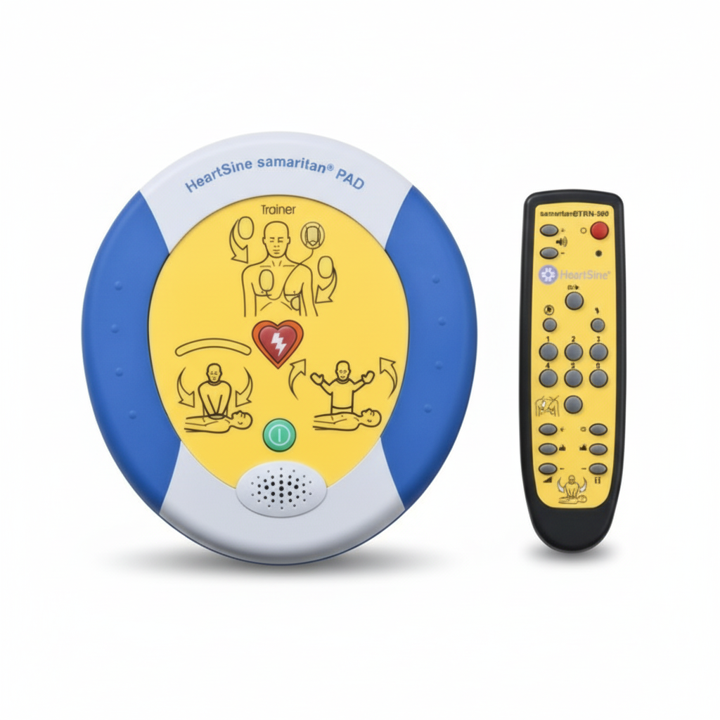 HeartSine Defib 500p (Training Unit) with remote control designed for first aid training and defibrillator practice sessions