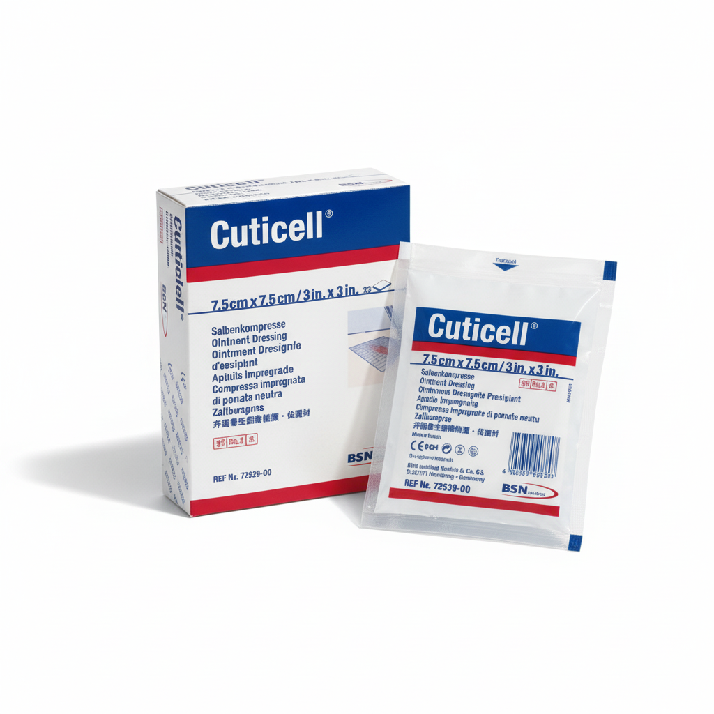 Cuticell Classic Dressing package with individual low-adherent wound dressing for gentle wound care in first aid supplies.