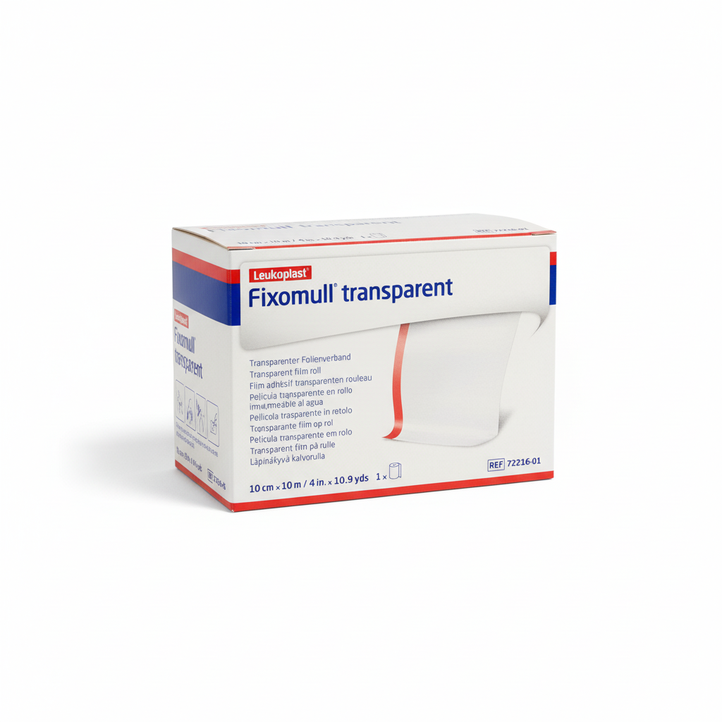 Box of Fixomull Transparent Tape showing waterproof transparent polyurethane film for wound protection in first aid supplies