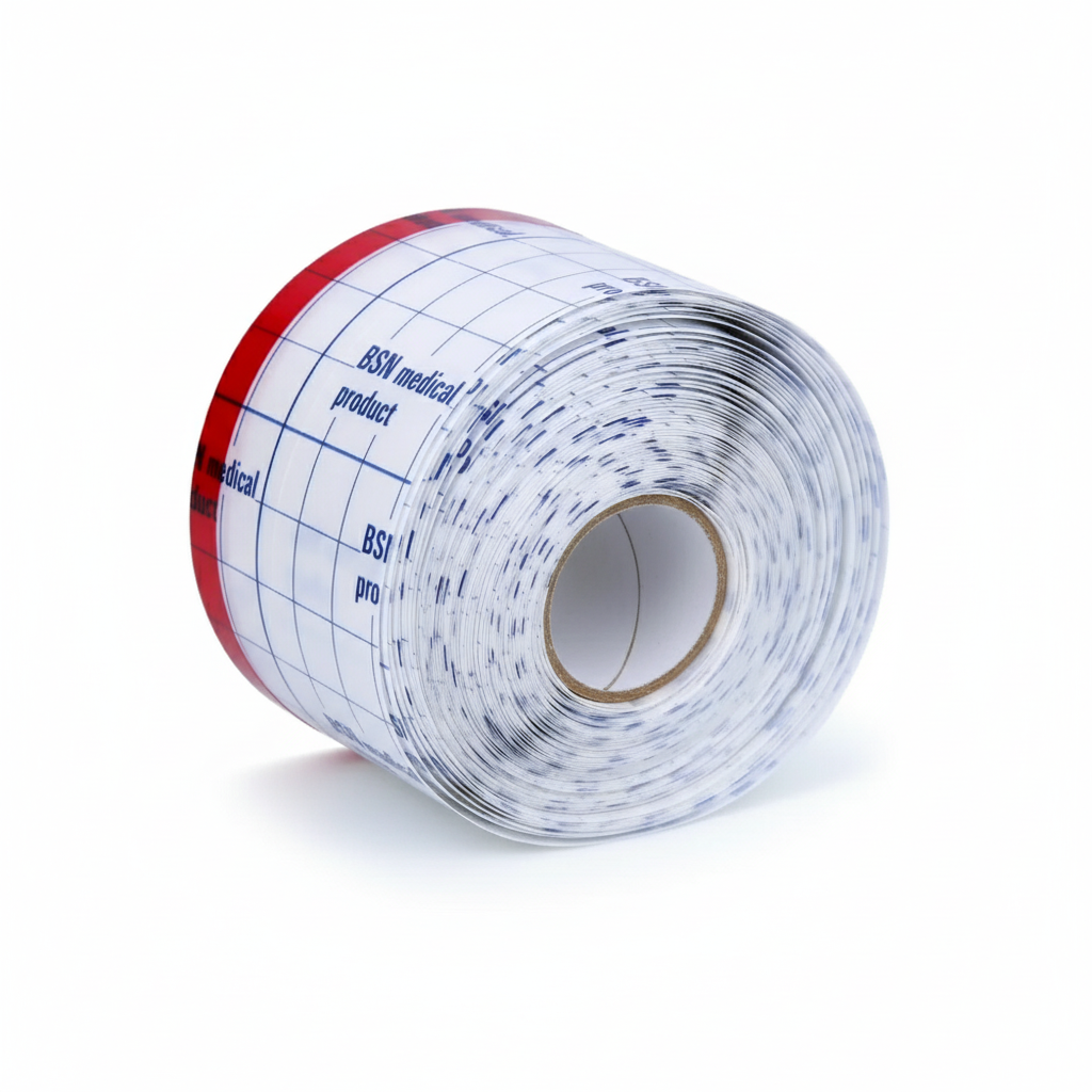 Fixomull Transparent Tape roll showing clear waterproof adhesive film with grid backing for precise cutting and application.