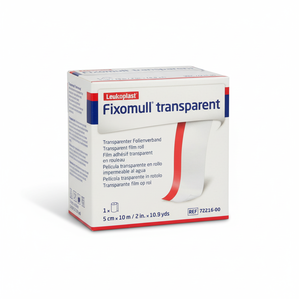 Fixomull Transparent Tape waterproof polyurethane film with skin-friendly adhesive for wound protection in first aid supplies.