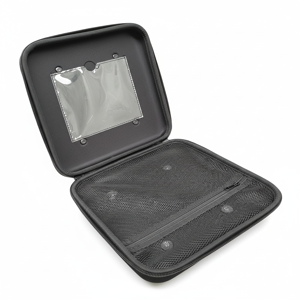 St John G5 - Defibrillator Carry Case open showing mesh compartments and clear pocket for first aid supplies and defibrillator accessories