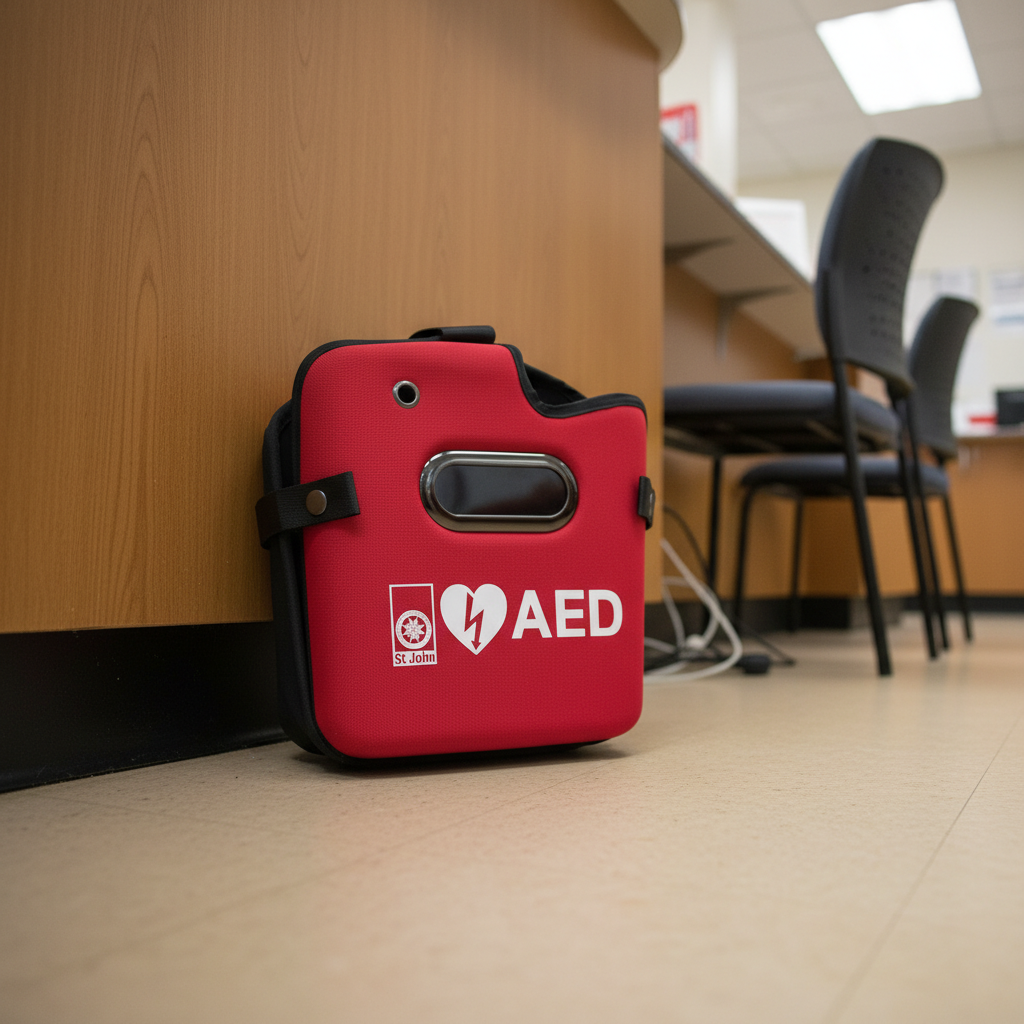St John G5 - Defibrillator Carry Case in red with AED symbol, designed for protection and easy transport of defibrillators and supplies