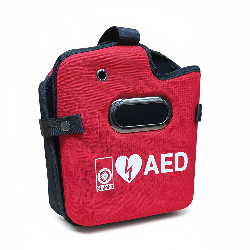 St John G5 - Defibrillator Carry Case in red with AED logo, padded protection, adjustable strap, and compartments for supplies
