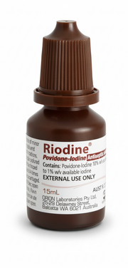 Riodine Antiseptic brown bottle with 15ml Povidone-Iodine solution for external use in first aid supplies