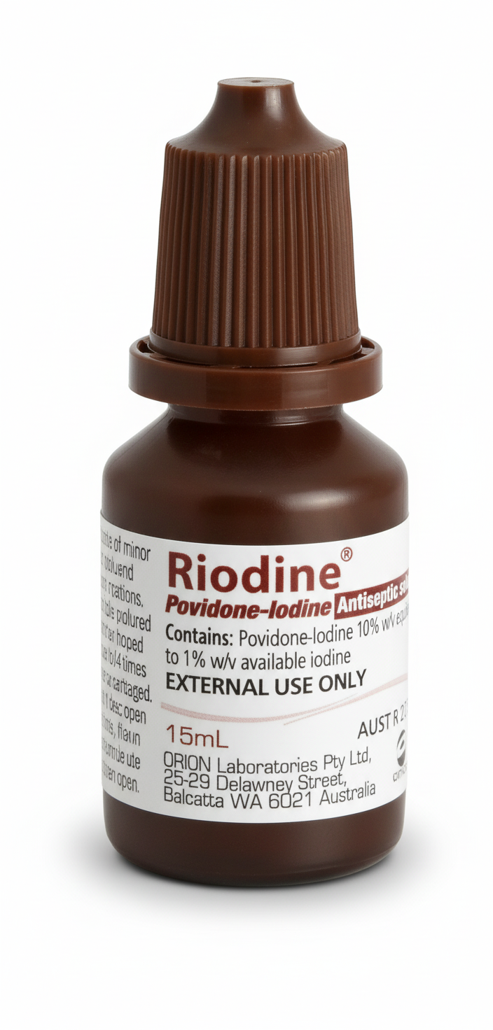 Riodine Antiseptic brown bottle with 15ml Povidone-Iodine solution for external use in first aid supplies