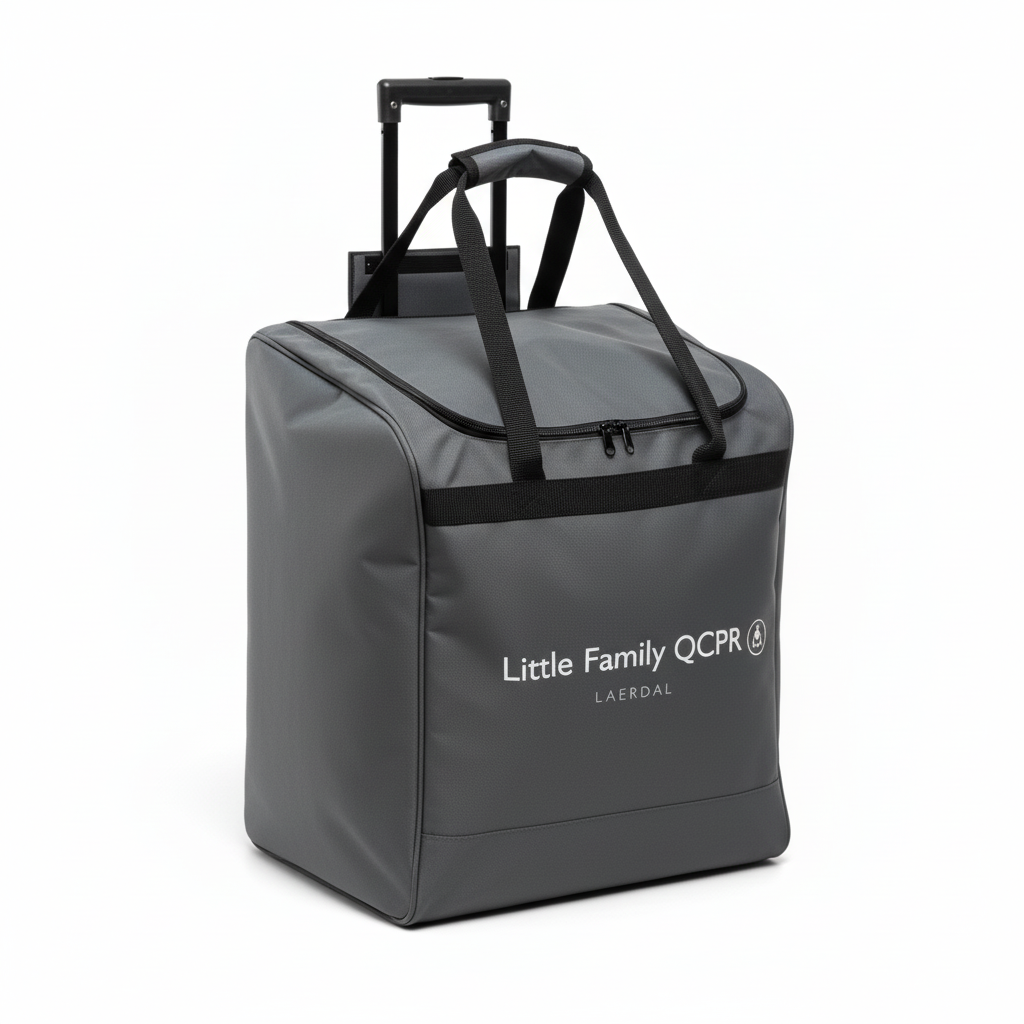 Gray wheeled carry case for Little Family QCPR Manikin Set used for CPR training and first aid supplies.