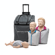 Little Family QCPR Manikin Set with adult, child, infant manikins and wheeled carry case for first aid training.