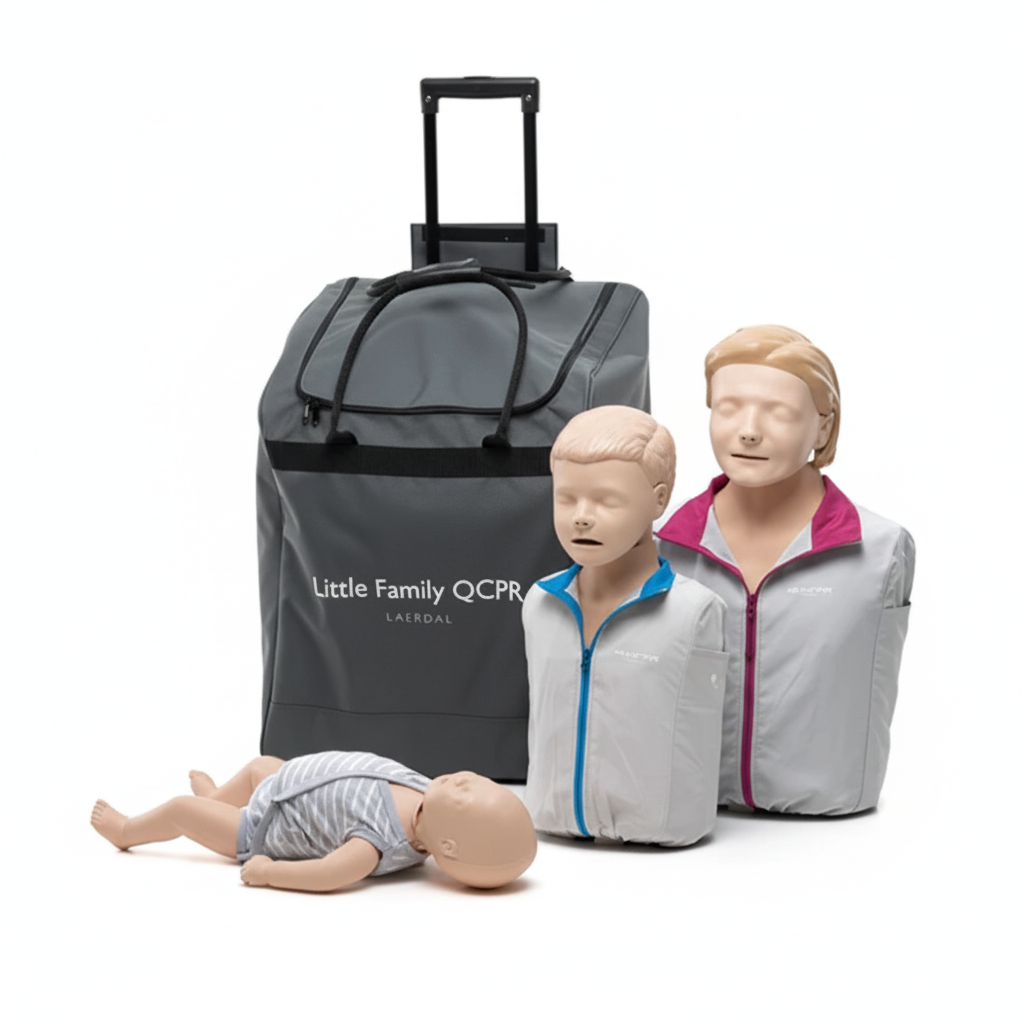 Little Family QCPR Manikin Set with adult, child, infant manikins and wheeled carry case for first aid training.