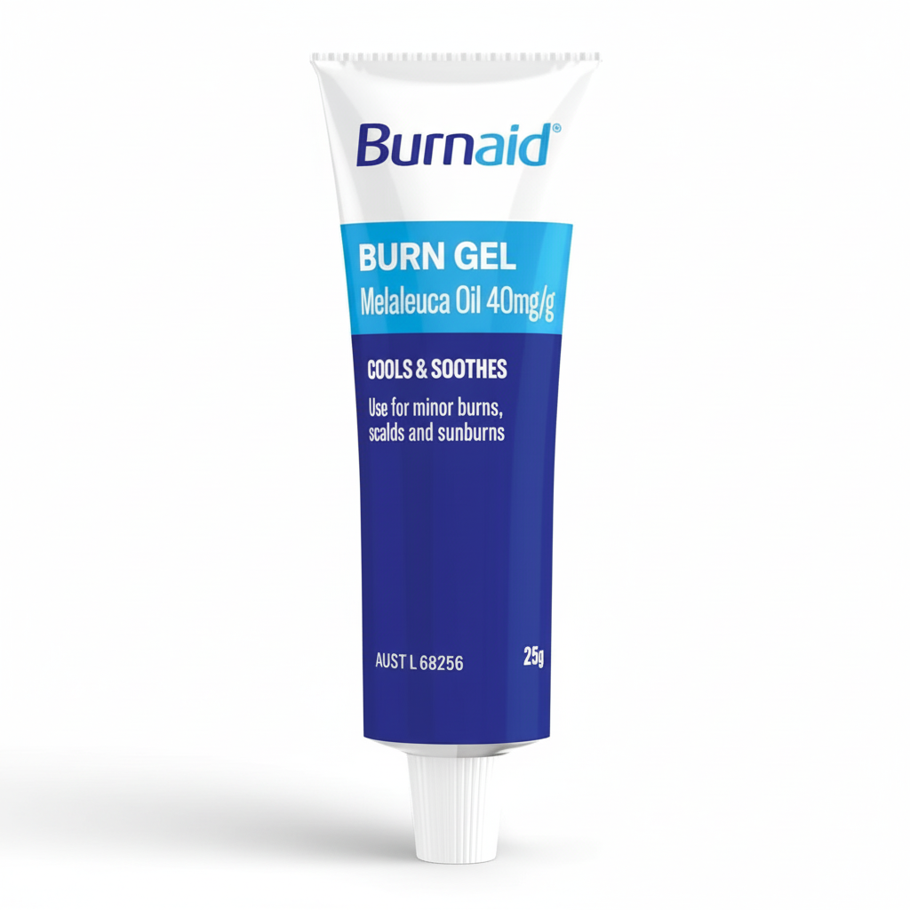Burnaid Gel antiseptic cooling hydrogel with melaleuca oil for first aid treatment of minor burns and sunburns