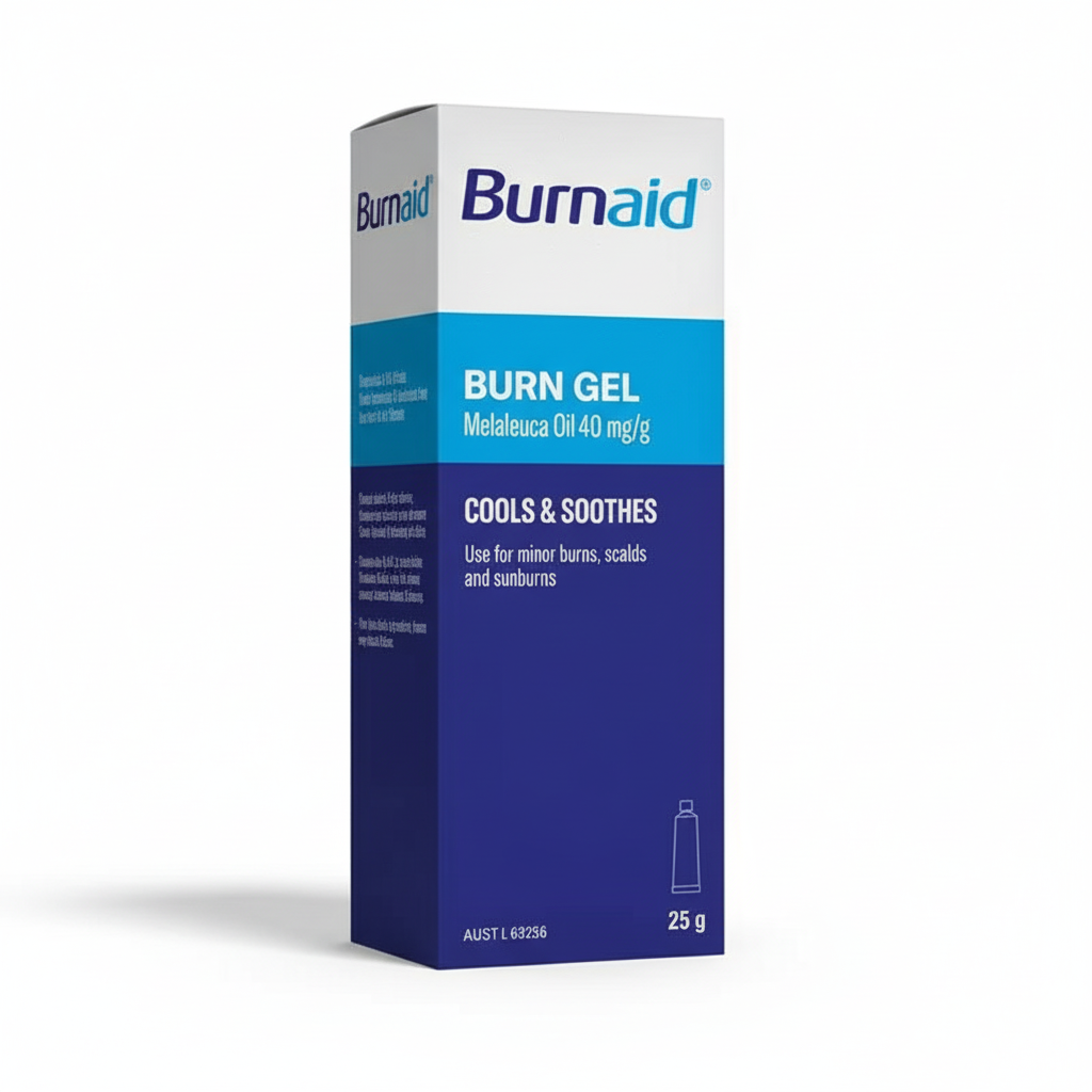 Burnaid Gel antiseptic cooling hydrogel with melaleuca oil for soothing minor burns, scalds, and sunburns in first aid supplies