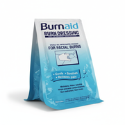 Burnaid Gel Mask - Single packaging showing burn dressing for facial burns, cooling and soothing pain relief product