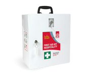 White wall-mounted Hospitality First Aid Kit with lock and handle, designed for catering and food manufacturing environments