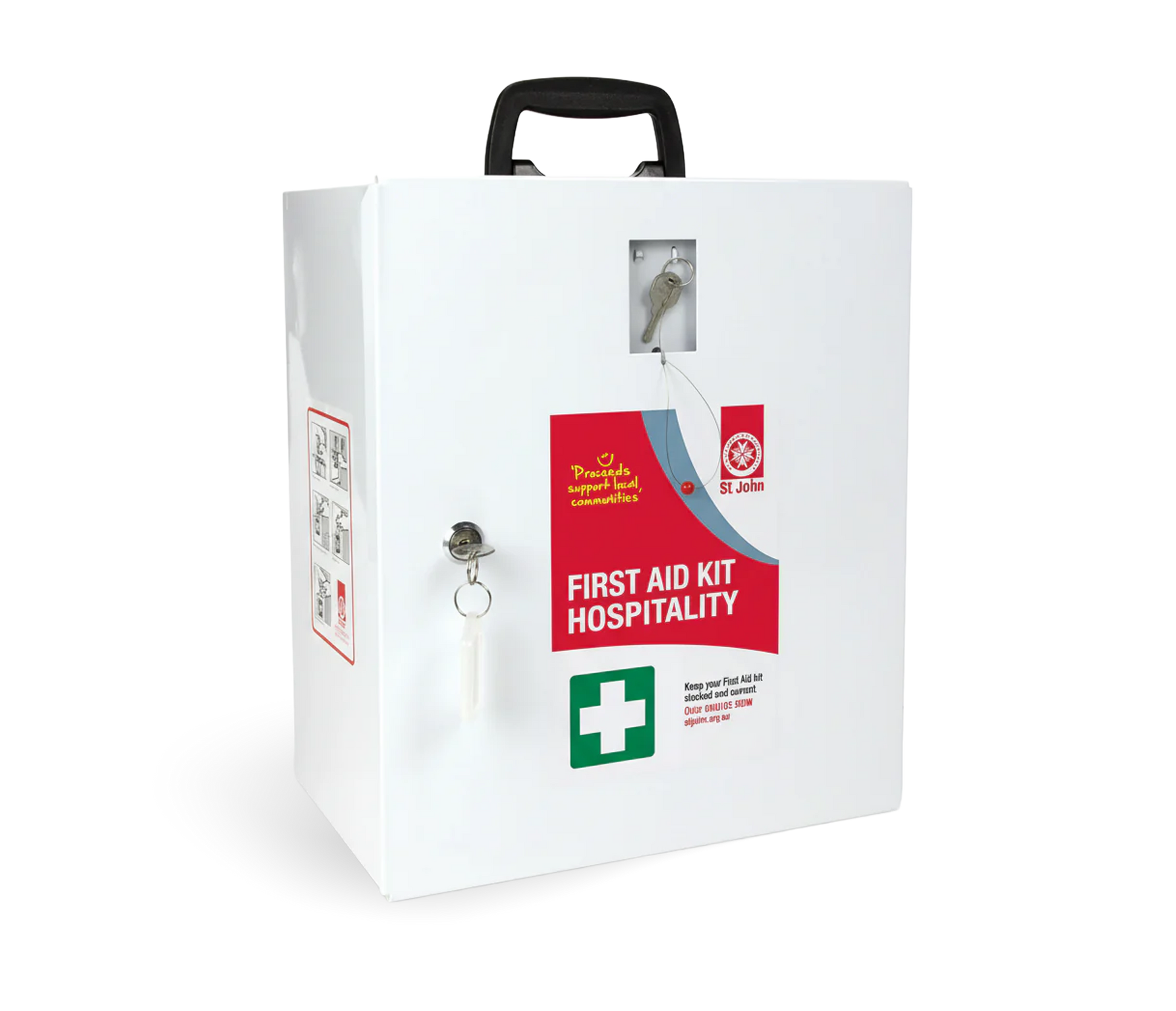 White wall-mounted Hospitality First Aid Kit with lock and handle, designed for catering and food manufacturing environments