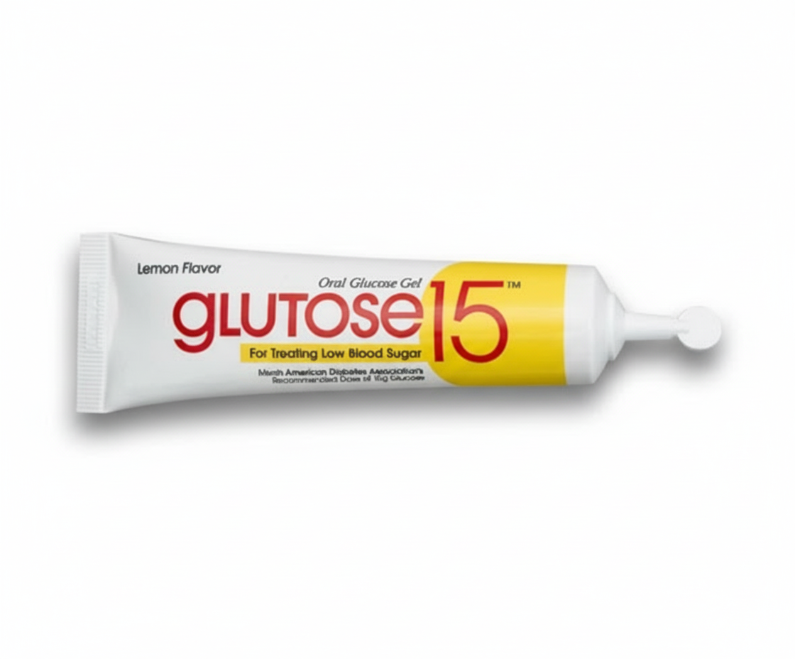 Glutose Gel lemon flavor oral glucose gel tube for rapid treatment of low blood sugar emergencies.